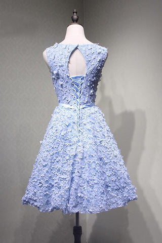 Vestido de fiesta azul con apliques de encaje, espalda descubierta y largo hasta la rodilla, talla PG114