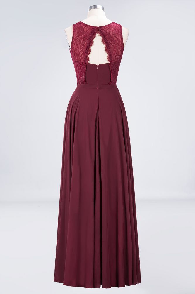 Vestido de noche largo burdeos de encaje floral con cuello redondo para dama de honor