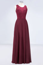 Vestido de noche largo burdeos de encaje floral con cuello redondo para dama de honor