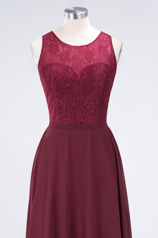 Vestido de noche largo burdeos de encaje floral con cuello redondo para dama de honor
