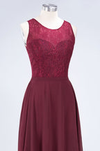 Vestido de noche largo burdeos de encaje floral con cuello redondo para dama de honor