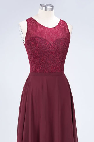 Crew Neck Floral Lace Evening Dress Floor Length Burgundy Bridesmaid Dress