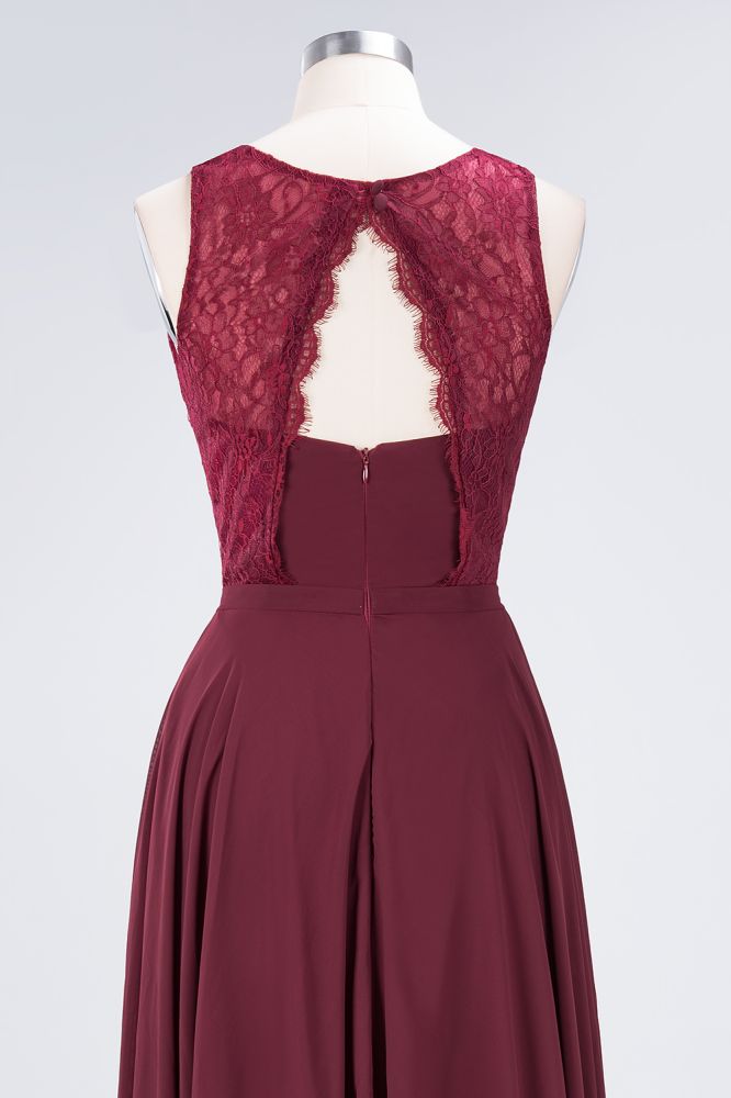 Vestido de noche largo burdeos de encaje floral con cuello redondo para dama de honor