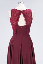 Vestido de noche largo burdeos de encaje floral con cuello redondo para dama de honor