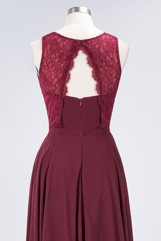 Crew Neck Floral Lace Evening Dress Floor Length Burgundy Bridesmaid Dress