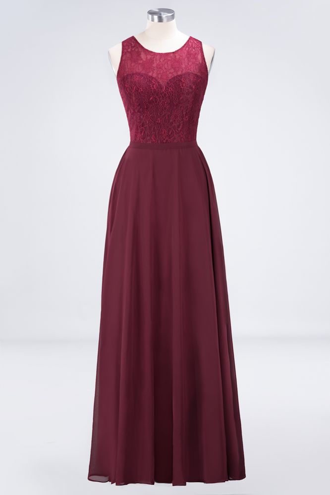 Vestido de noche largo burdeos de encaje floral con cuello redondo para dama de honor