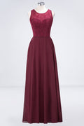 Vestido de noche largo burdeos de encaje floral con cuello redondo para dama de honor