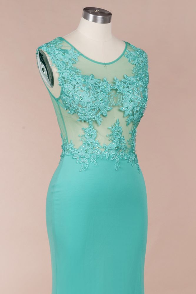 Robe de soirée longue sirène en mousseline à col rond et applications de dentelle, sans manches