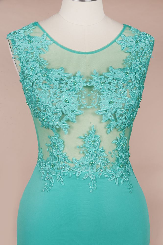 Robe de soirée longue sirène en mousseline à col rond et applications de dentelle, sans manches