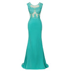Robe de soirée longue sirène en mousseline à col rond et applications de dentelle, sans manches