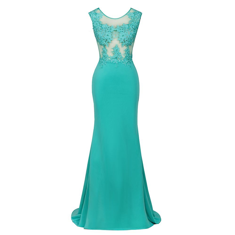 Robe de soirée longue sirène en mousseline à col rond et applications de dentelle, sans manches