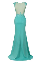 Robe de soirée longue sirène en mousseline à col rond et applications de dentelle, sans manches