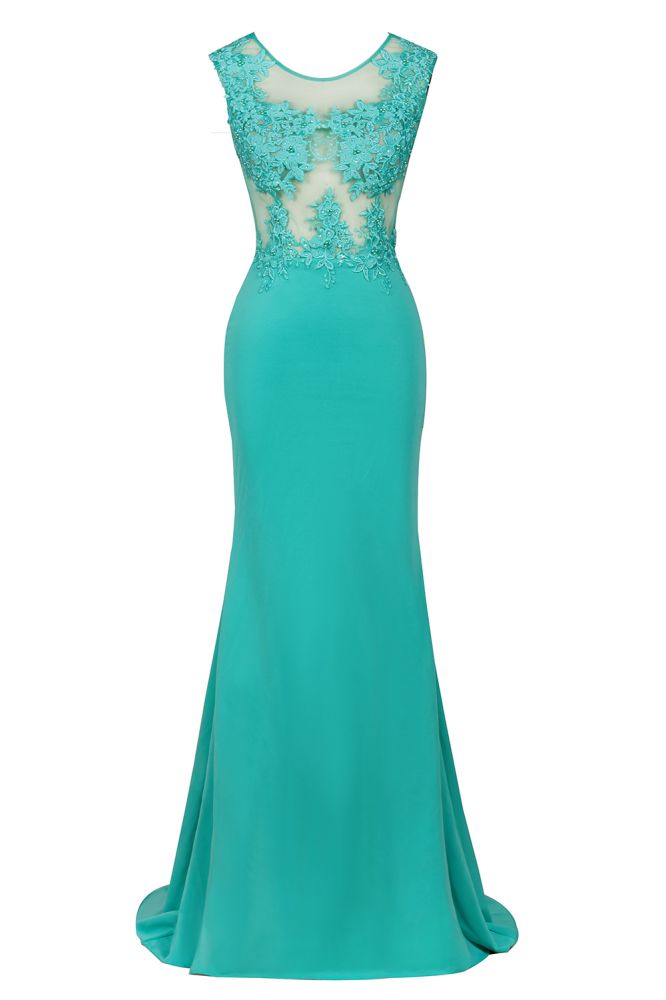Robe de soirée longue sirène en mousseline à col rond et applications de dentelle, sans manches