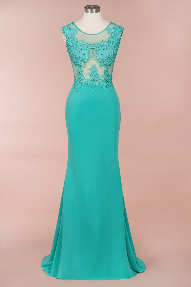 Robe de soirée longue sirène en mousseline à col rond et applications de dentelle, sans manches