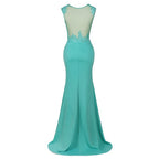 Robe de soirée longue sirène en mousseline à col rond et applications de dentelle, sans manches