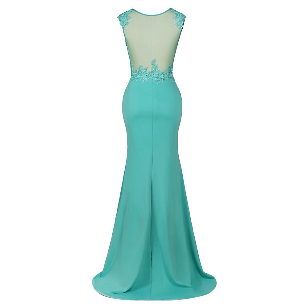 Robe de soirée longue sirène en mousseline à col rond et applications de dentelle, sans manches
