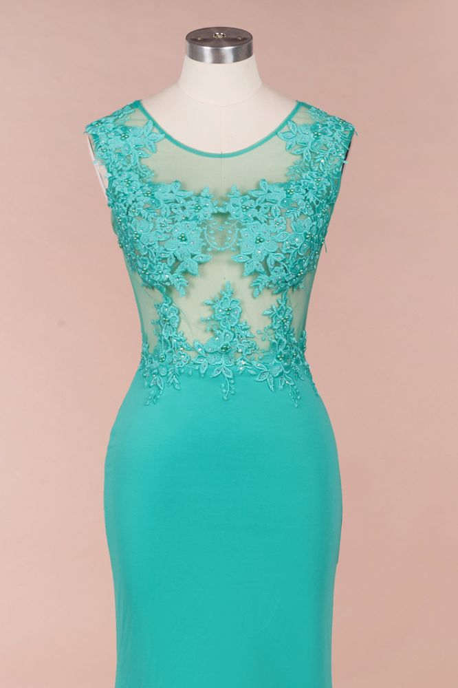 Robe de soirée longue sirène en mousseline à col rond et applications de dentelle, sans manches