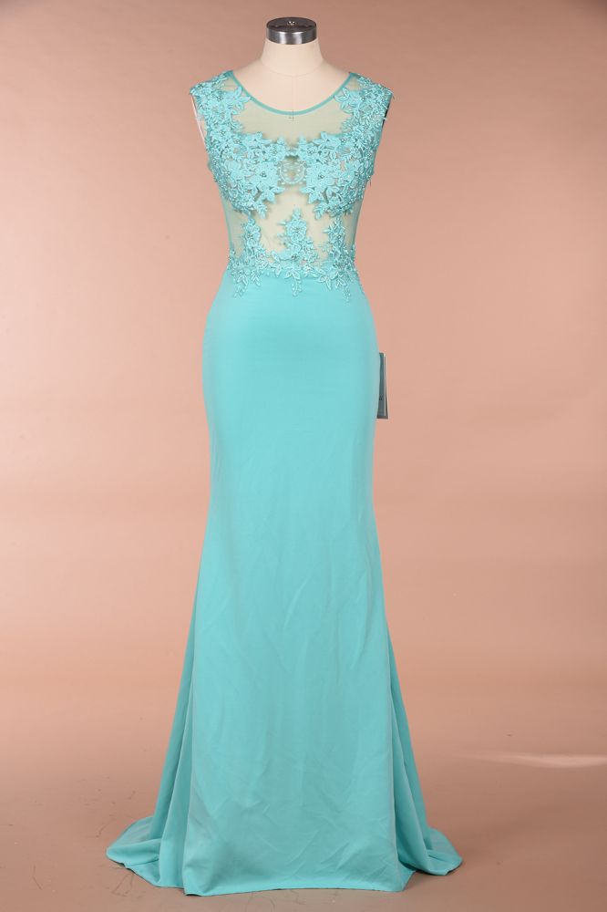 Robe de soirée longue sirène en mousseline à col rond et applications de dentelle, sans manches