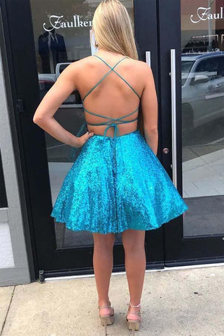 Criss Cross A-Line Short Prom Dress Blue Sequins Homecoming Dress PD334