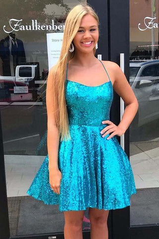 Criss Cross A-Line Short Prom Dress Blue Sequins Homecoming Dress PD334