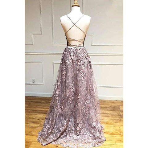 Robe de soirée longue trapèze à bretelles croisées et col en V en dentelle 3D 