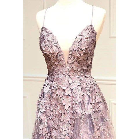 Robe de soirée longue trapèze à bretelles croisées et col en V en dentelle 3D 