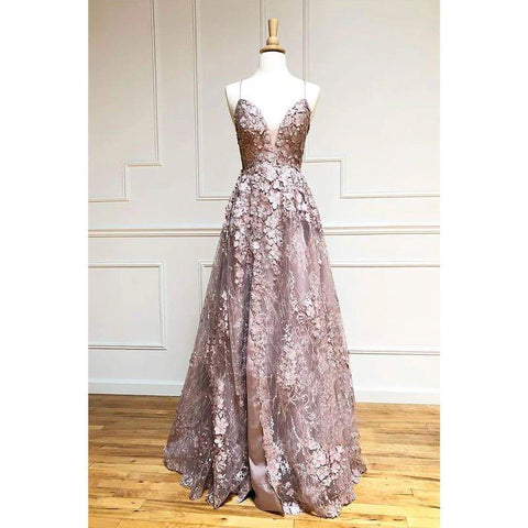 Robe de soirée longue trapèze à bretelles croisées et col en V en dentelle 3D 