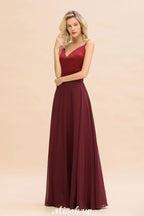 Vestido de noche largo de satén color burdeos con espalda cruzada y escote sin espalda para dama de honor