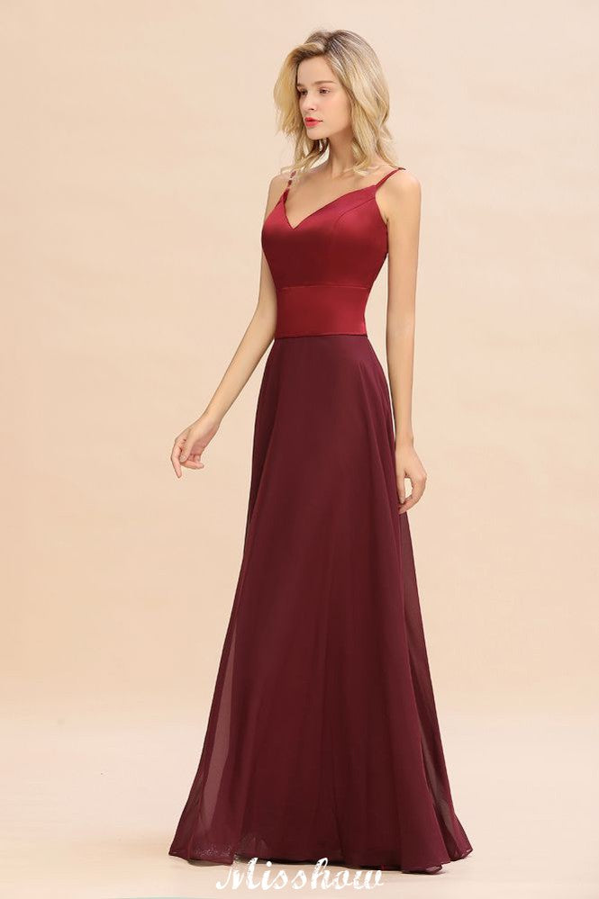 Vestido de noche largo de satén color burdeos con espalda cruzada y escote sin espalda para dama de honor