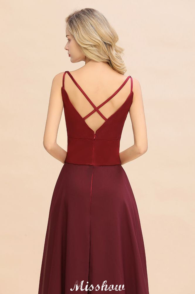 Vestido de noche largo de satén color burdeos con espalda cruzada y escote sin espalda para dama de honor