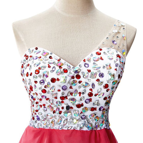 Vestido de fiesta de gasa con un solo hombro y corte en A con cristales