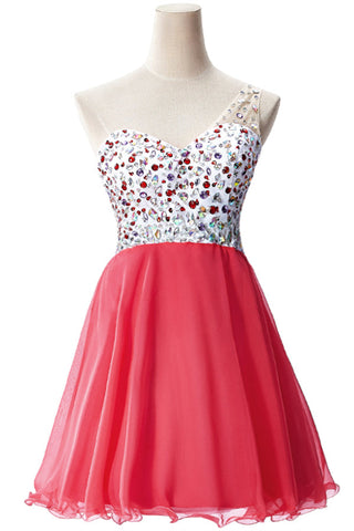 Vestido de fiesta de gasa con un solo hombro y corte en A con cristales