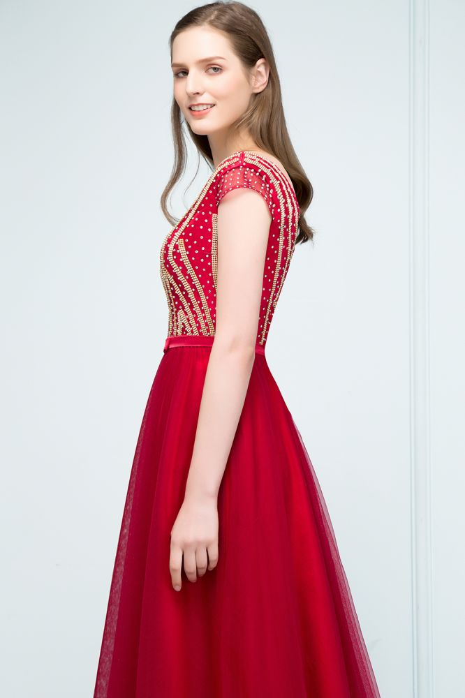 Crystal Beading Tulle A-line Floor Length Cap Sleeves Prom Dresses with Sash