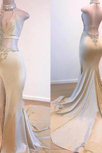 Crystal Halter Split Prom Dresses A-Line Backless Sleeveless Evening Dresses
