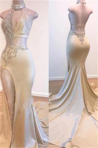 Vestidos de fiesta con escote halter y abertura lateral, corte en A, espalda descubierta y sin mangas.