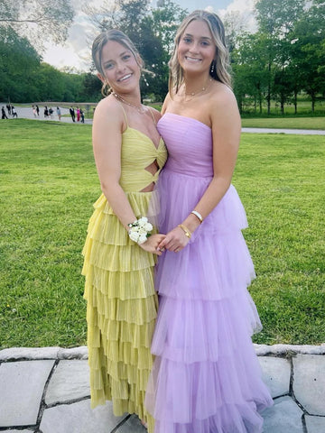 Curitis | Robe de soirée longue jaune à bretelles spaghetti, décolleté en goutte d'eau et volants étagés 