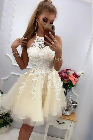 Cute A-line Halter Tulle Lace Short Prom Dresses for Teens