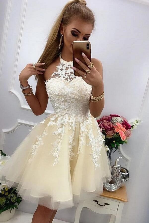 Robes de bal courtes en tulle et dentelle, coupe trapèze, dos nu, mignonnes pour adolescentes