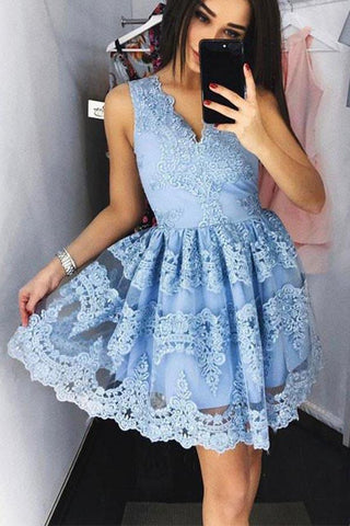 Robe de bal courte en dentelle bleue mignonne, robe de soirée en dentelle bleue PG172