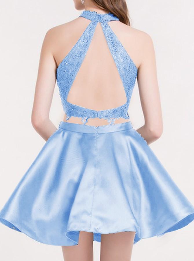 Cute Blue Two Pieces Lace Satin Short Prom Dress Homecoming Dress