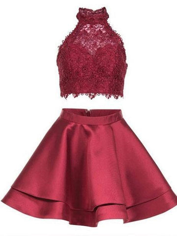 Lindo vestido corto de fiesta de dos piezas azul de encaje y satén