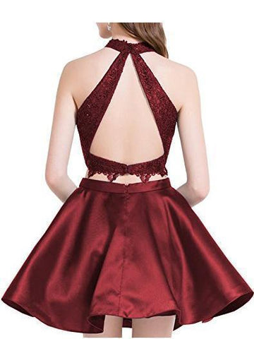 Lindo vestido corto de fiesta de dos piezas azul de encaje y satén