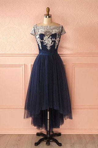 Cute Dark Blue Tulle Lace High Low Prom Dress Evening Dresses PG421