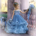Adorables robes de demoiselle d'honneur longues en tulle bleu poudré sans bretelles, style princesse, pour princesse.