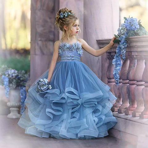 Lindos vestidos largos de princesa de tul azul grisáceo sin tirantes para niña de las flores
