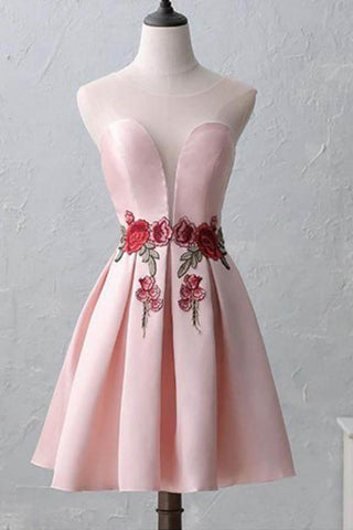 Lindo vestido corto rosa con escote ilusión para baile de bienvenida PD217