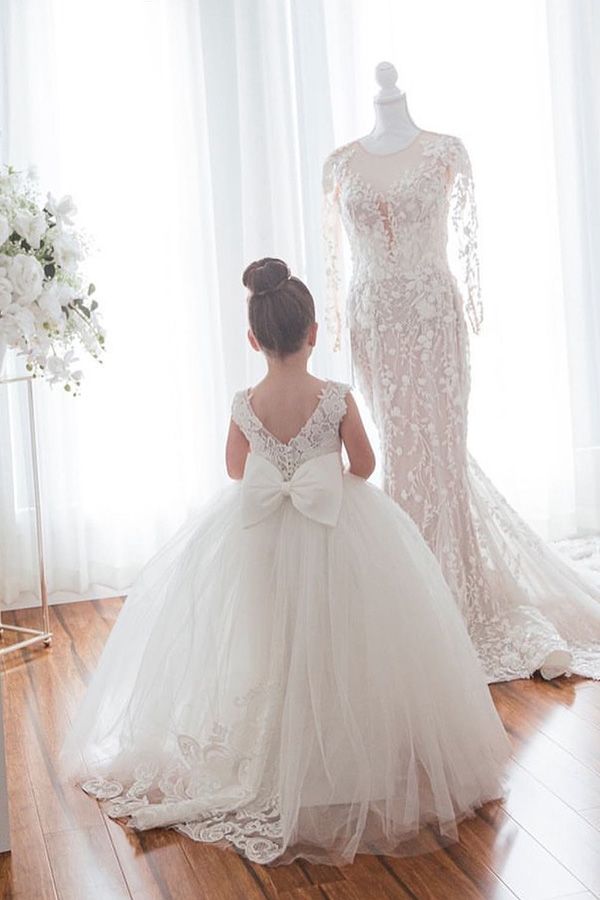 Lindo vestido largo de baile color marfil, de tul sin mangas, para niña de las flores