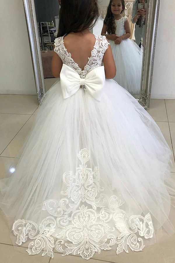Lindo vestido largo de baile color marfil, de tul sin mangas, para niña de las flores