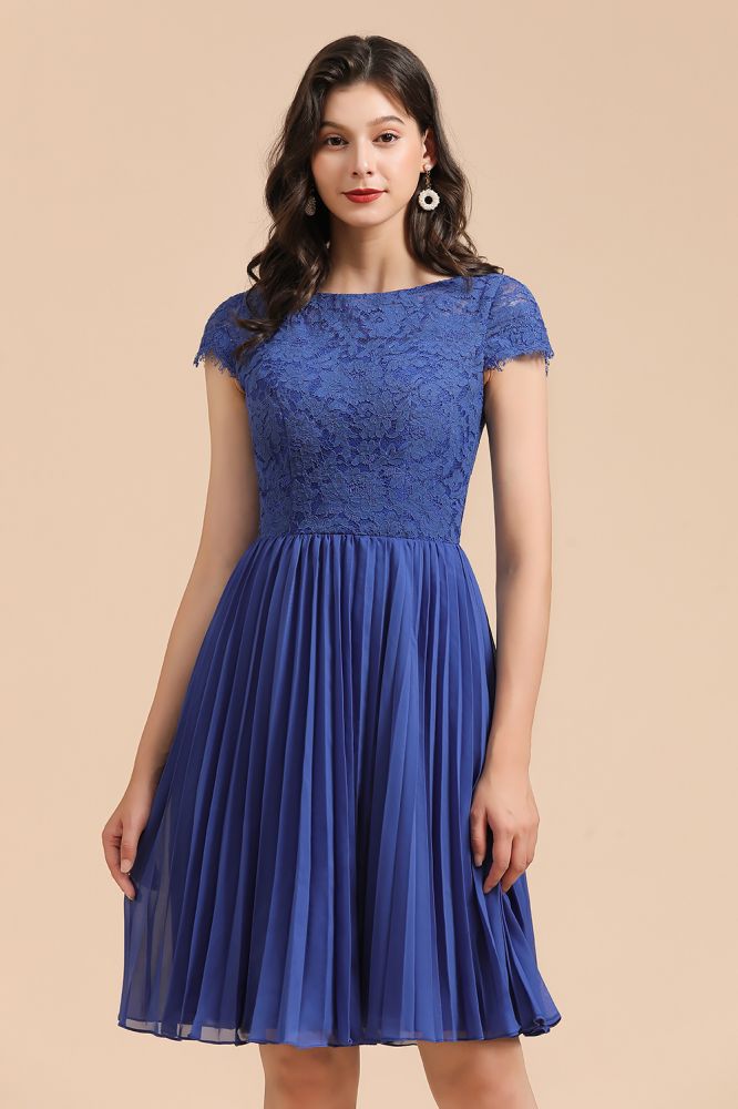 Cute Lace Chiffion Mini Party Dress Short Sleeves  Knee Length Homecoming Dress