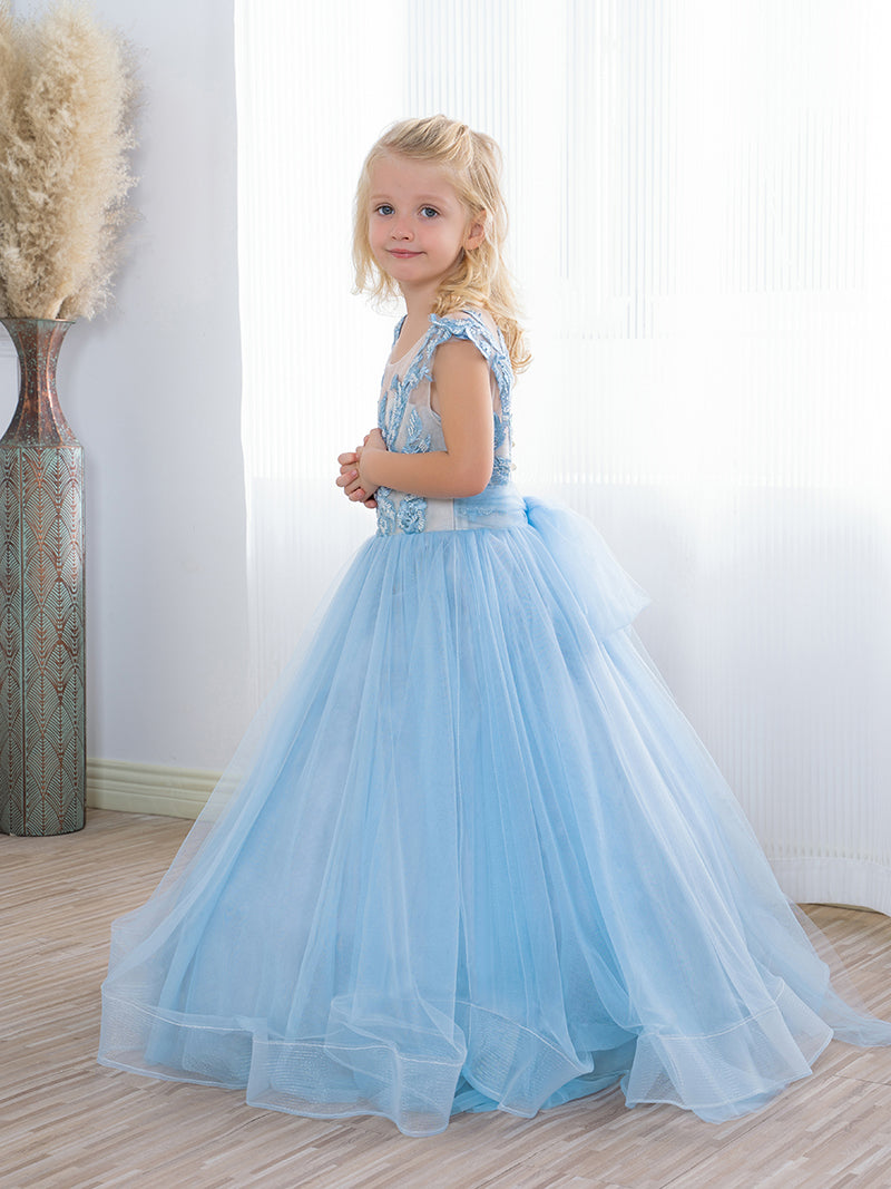 Adorables robes longues en tulle bleu bohème, style trapèze, avec nœud, pour demoiselles d'honneur.